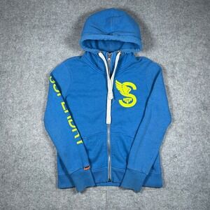Superdry Hoodie Mens Large Blue Athletics Full Zip Graphic Logo sleeve